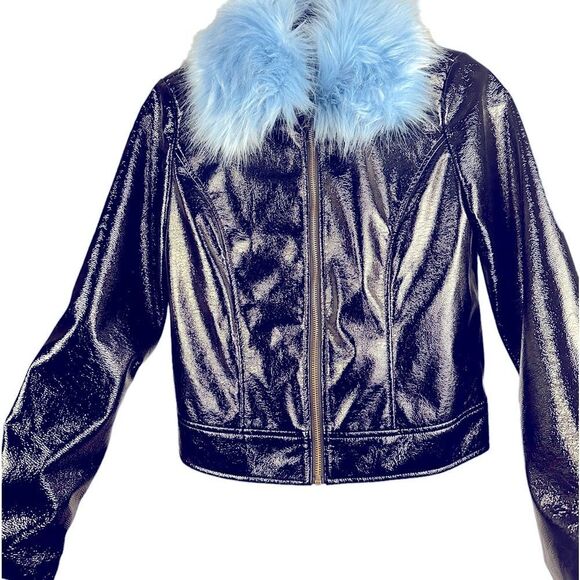 NWOT Who What Where Black Vynil Jacket With Detachable Blue faux Fur Collar. SM - Picture 1 of 7